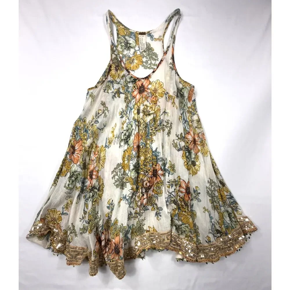 Free People Paradise Song Dress Sz XS floral print embellished sequin hemline